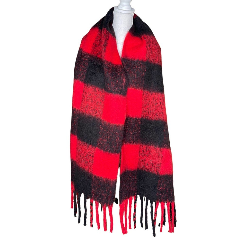 Steve Madden Red Black Buffalo Plaid Soft Wrap Scarf w/ Fringe 78 x 20"